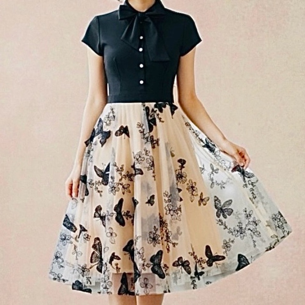 Black & Cream Butterfly A-Line Dress with Bow
